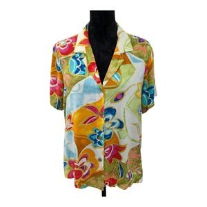Jams World Women Floral Short Sleeve‎ Button Front Garden Floral Colorful Top XL